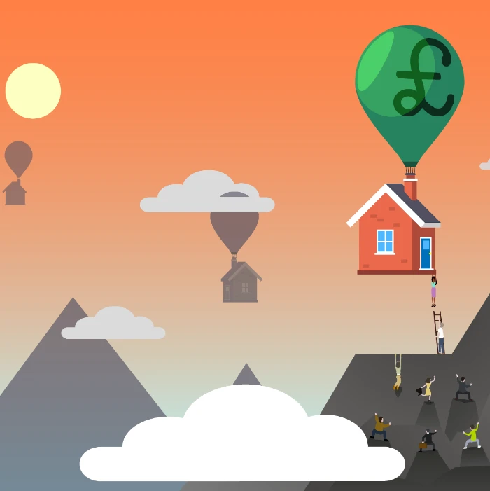 Illustration of houses suspended from balloons above mountains.